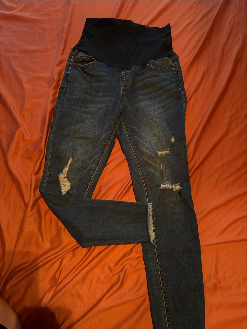 Maternity Dark Wash Distressed Jeans with gold Stretch Panel